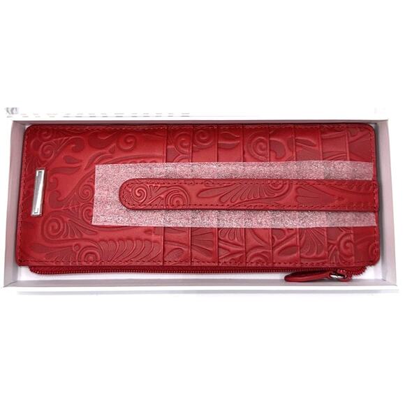 Lodis Slim Long Stacker Red Tooled Leather Credit Card Wallet Many Slots New Box - Picture 3 of 9
